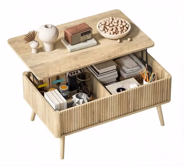 Tavolino da caffè moderno REDOM in legno color marrone con meccanismo sollevabile e piano rettangolare L: 57,5 cm, P: 56,0 cm, H: 45,0 cm
