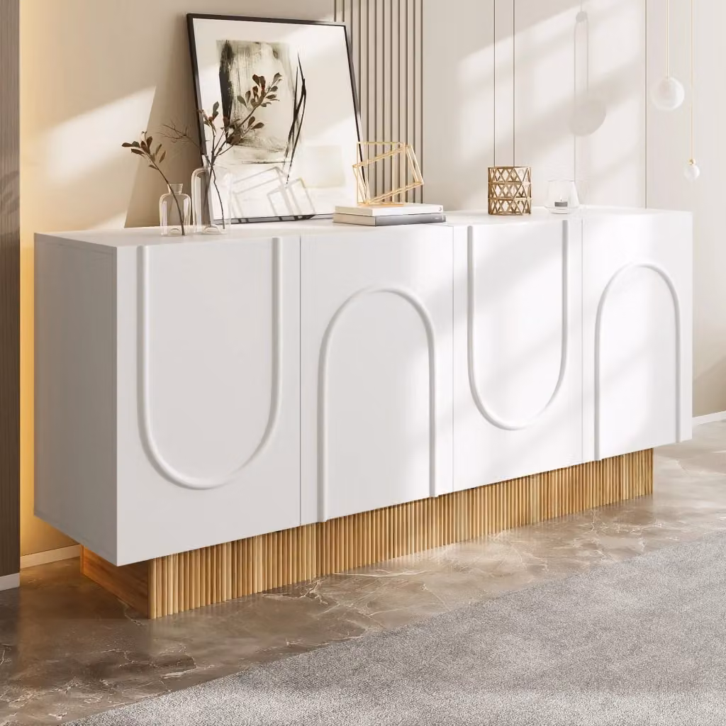 Credenza moderna con 4 ante e 4 scomparti in finitura opaca bianco legno, L: 160 cm, P: 38 cm, H: 75 cm – 2