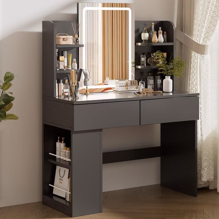 Comò da trucco con illuminazione, specchio, 3 temperature di colore, dimmerabile, 2 cassetti, pensile laterale, colore nero