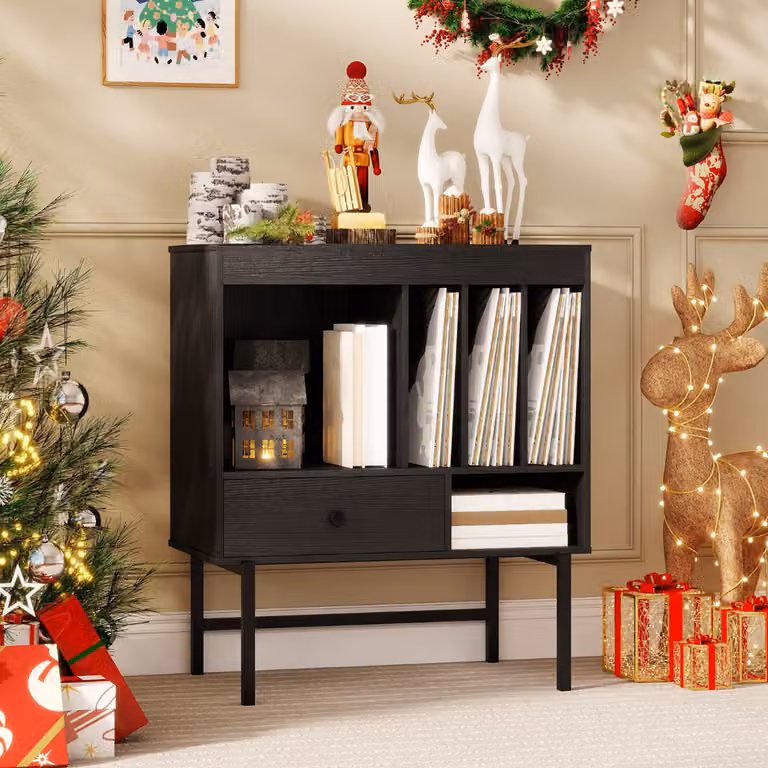 Mobile porta vinili e supporto per giradischi Costway in stile mid-century con scomparti aperti, Nero, L: 80 cm, P: 36 cm, H: 70 cm