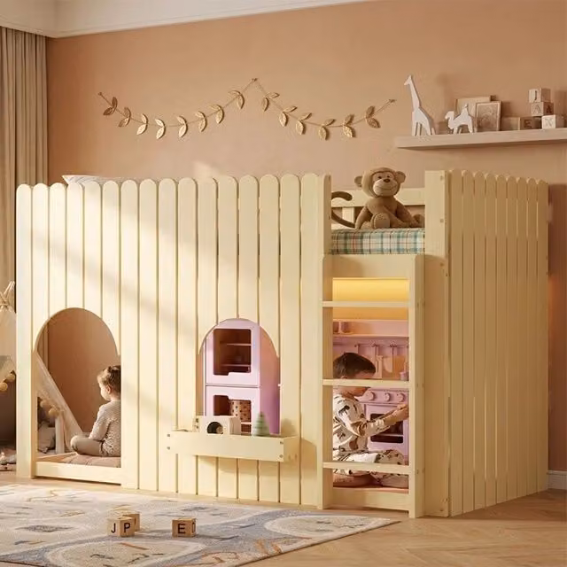Letto a soppalco ¨C Minimal ¨C Legno di pino MDF naturale con luci LED scala 90x200 cm