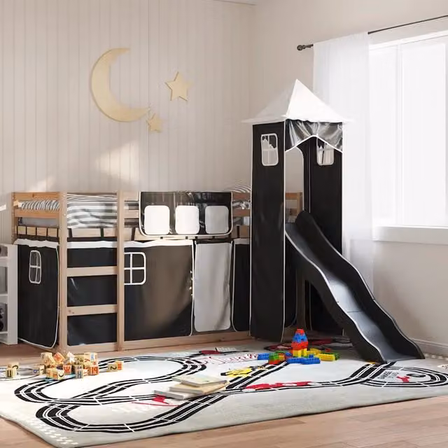 Letto a castello per bambini vidaXL in legno di pino con scivolo e tende, Bianco, Nero e Antracite, L/P/H: 200 x 80 x 113 cm – 1