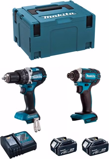 Kit Makita MK222RTJ con Avvitatore DHP484, Avvitatore a Impatto DTD152 e 2 Batterie da 5,0 Ah con Caricatore DC18RC e Sistema di Trasporto MAKPAC 3 – 1