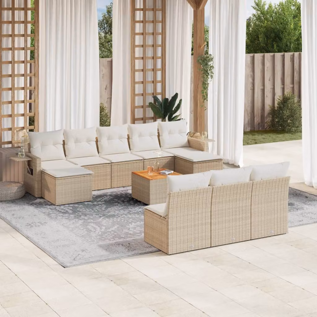 vidaXL Set Divani da Giardino 11 pz in Polyrattan con Cuscini Beige e Struttura in Legno di Acacia – 1
