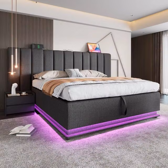 Letto matrimoniale 180x200 cm contenitore con apertura idraulica; imbottito in lino grigio con LED e USB-C