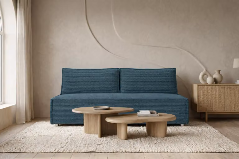 Divano Kaiser con funzione letto e contenitore DUO, tessuto Poso, azzurro