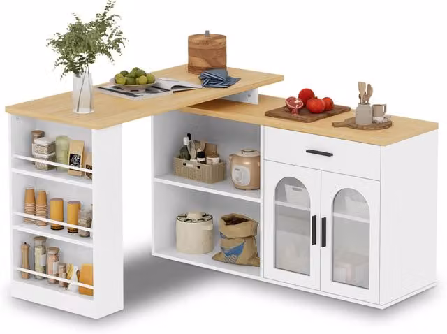 Isola cucina con tavolo girevole a 360°; MDF bianco effetto rovere; cassetto e ripiani; 136 x 50 x 78 cm