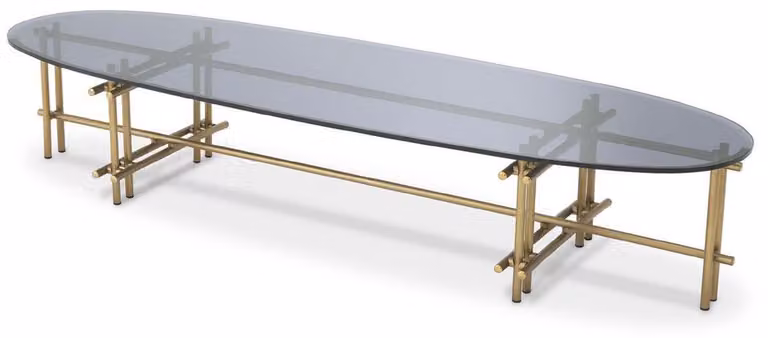 Tavolino Casa Padrino colore ottone/grigio 159 x 50 x h. 30 cm - Tavolo da salotto in acciaio inox con piano in vetro - Mobili da salotto - Qualità lusso
