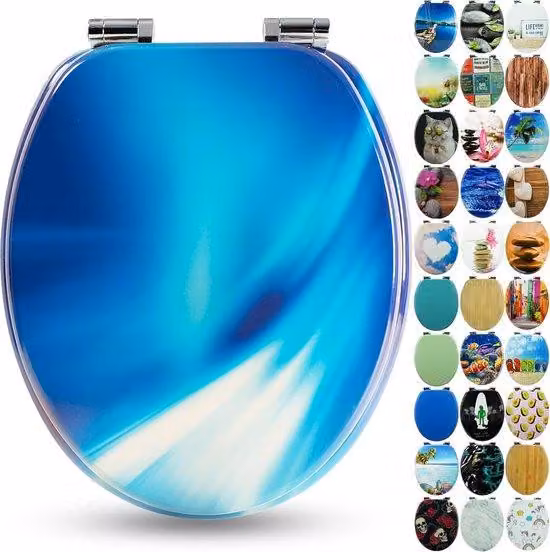 Sedile WC Sanfino con anima in legno e meccanismo Softclose - alta qualità e tanti motivi colorati, seduta confortevole, facile da montare con istruzioni incluse - "Wave"