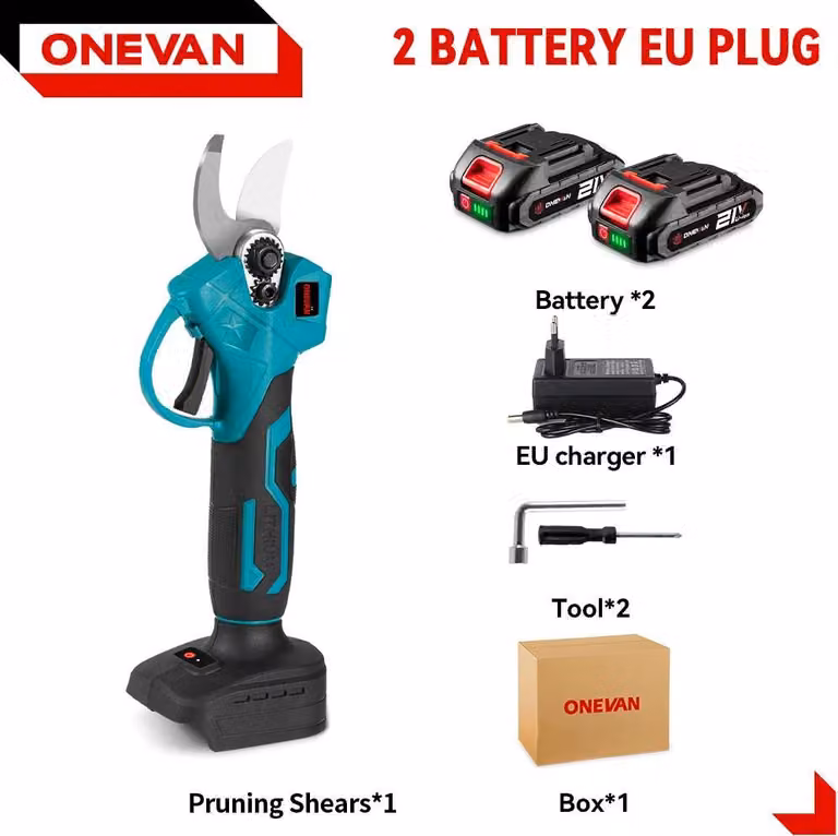 Forbici da giardino elettriche - Forbici da potatura a batteria - Capacità di taglio 30 mm - Motore brushless - Lama in acciaio al tungsteno - Set con 2 batterie - Rosso/Nero