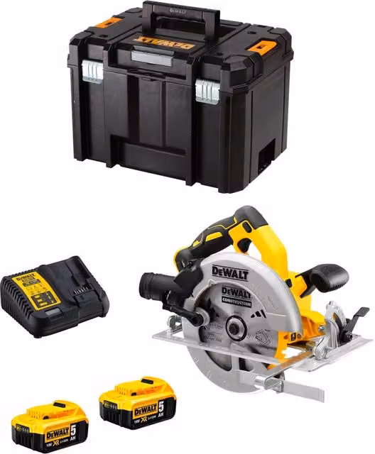 Sega Circolare DeWalt DCS570P2T Gialla con 2 Batterie da 5,0 Ah, Caricabatterie DCB115 e Contenitore TSTAK VI