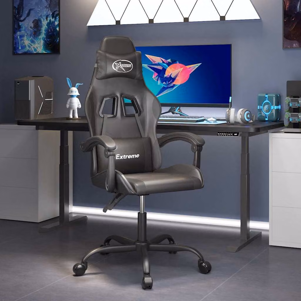 Sedia da Gaming vidaXL Girevole in Similpelle Nera con Poggiatesta e Braccioli