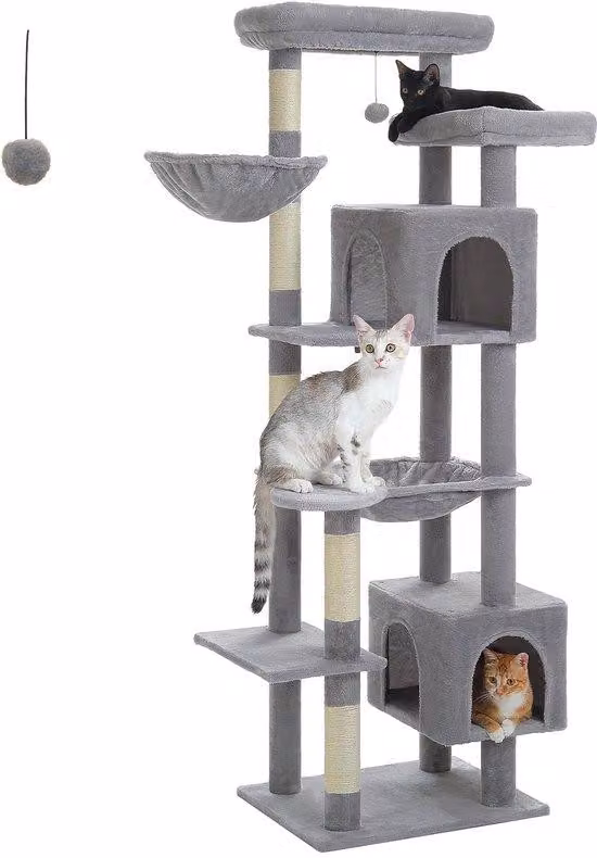 Ibenzoa® Albero per gatti 175 cm – Grande albero per gatti multistrato, adatto a 4-5 gatti di grossa taglia, con 7 livelli, amaca e cesta, 5 pali in sisal di Ø 6 cm, rivestito in peluche/pannello di fibra a media densità