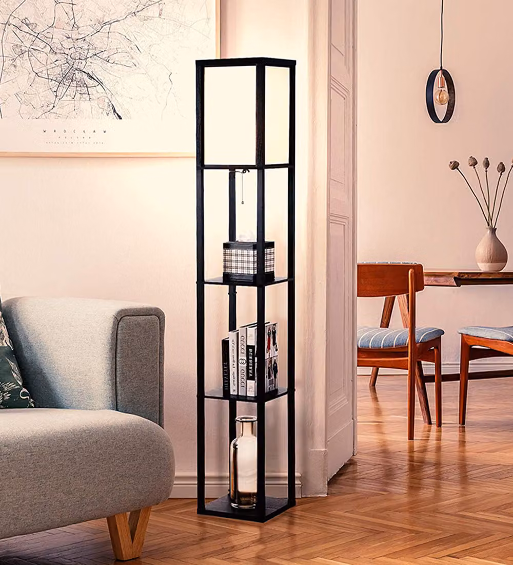 Lampada da terra con mensola, lampada angolare mensola in legno nero 25x25x160cm, lampada da terra comodino per soggiorno camera da letto, bianco caldo