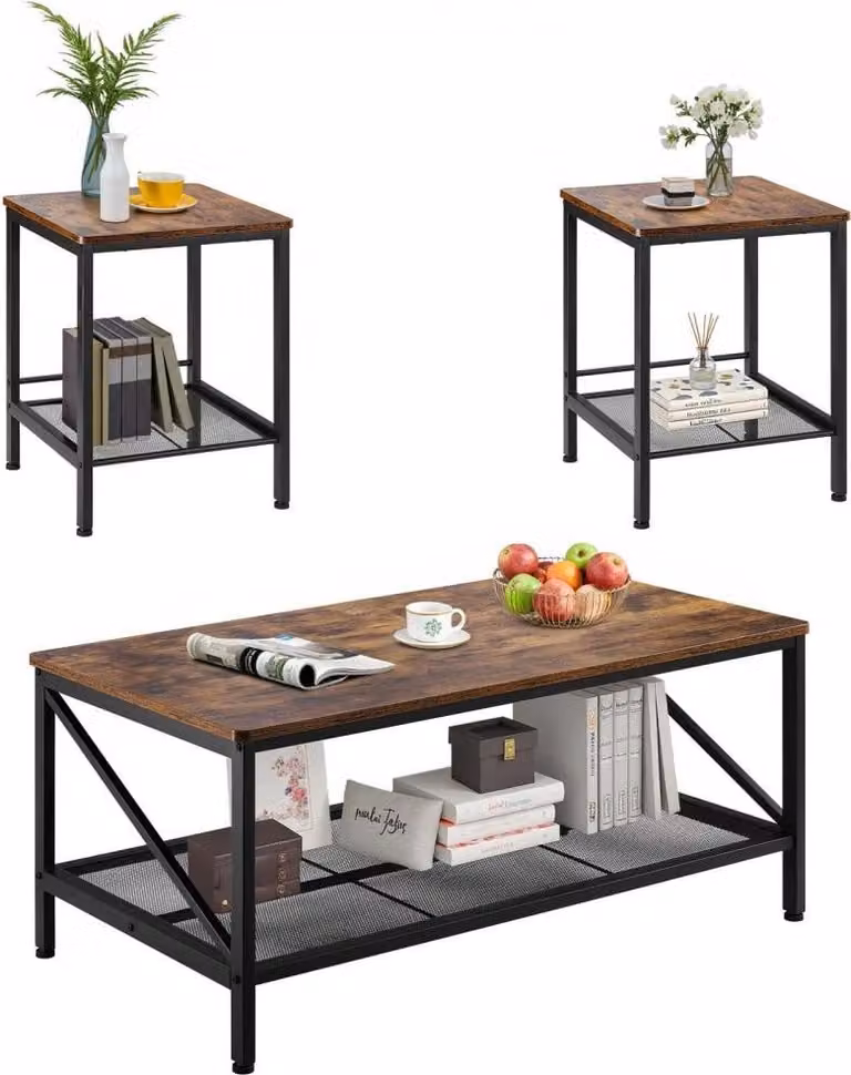 set di tavolini industriali da 3 pezzi, 105 cm e 45 cm - Set di tavolini da divano con gambe in metallo - Tavolini quadrati per ufficio, soggiorno, casa