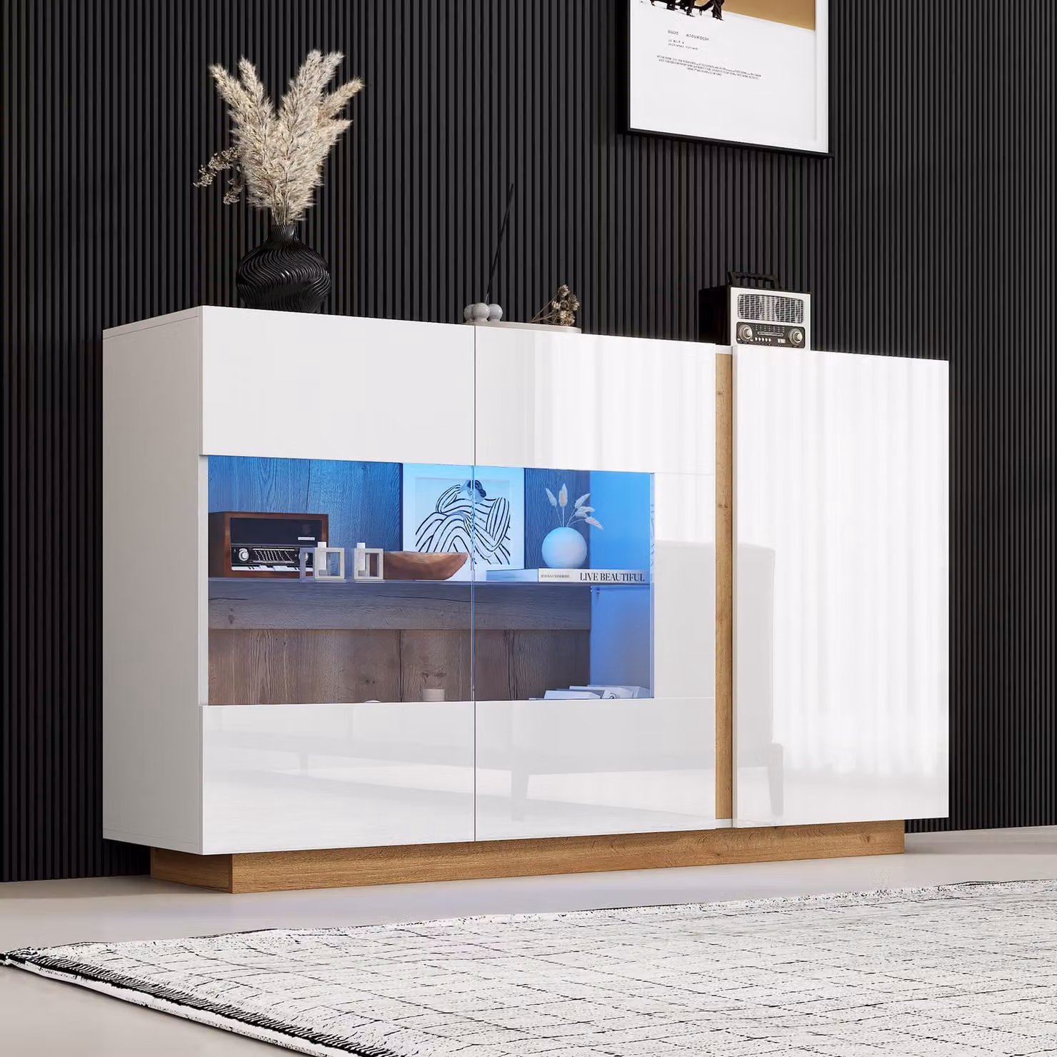 okwish Armadio da cucina lucido, cassettiera, armadio da ingresso, truciolato bianco con vetro, base in legno, 138x38x90,5 cm