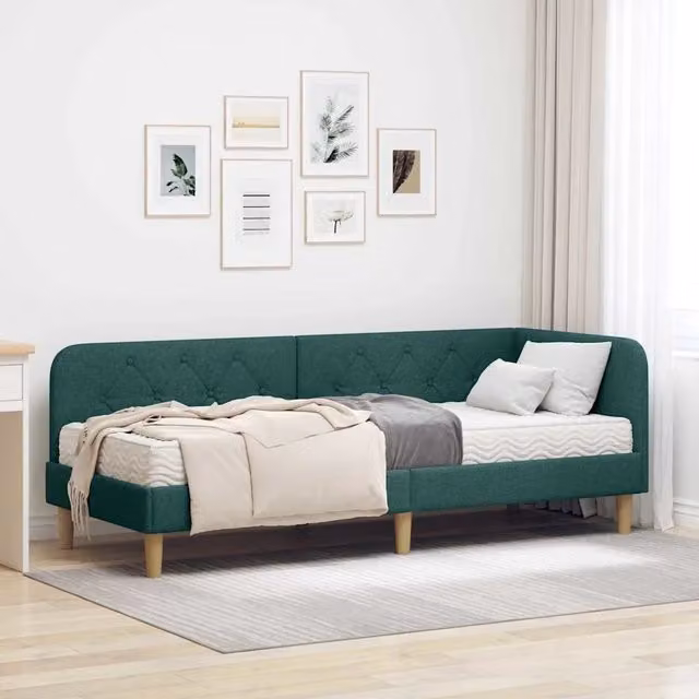 Cornice del letto ad angolo vidaXL in tessuto verde con struttura in legno e schiuma L: 200 cm, P: 80 cm, H: 84 cm