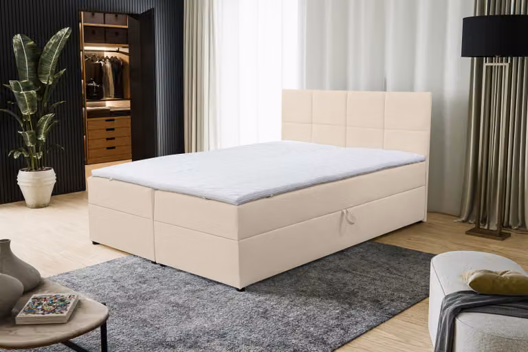 Letto con boxspring VENASI BETTY, dimensioni 180x200 cm, con contenitore, materasso Bonell con rigidità H2/H3, topper beige