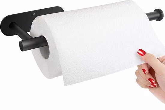 Portarotolo nero con sistema autoadesivo e/o da fissare con foratura, 33 cm