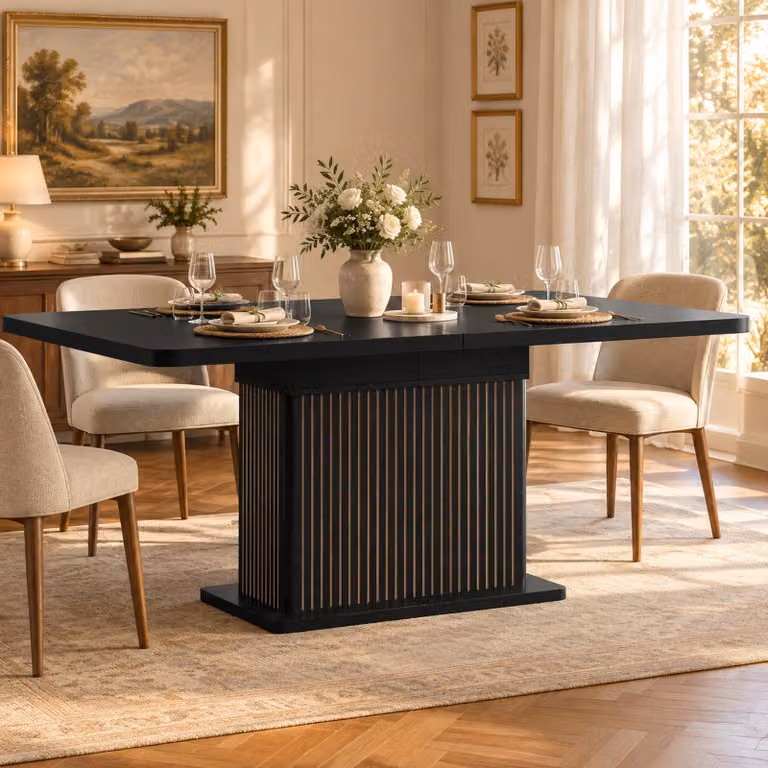 Tavolo da pranzo estendibile oqwish con spazio contenitore integrato, piano del tavolo allungabile, tavolo da cucina con frontali decorati a listelli, colore nero