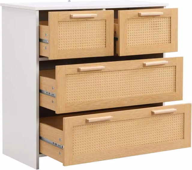 Cassettiera con 4 cassetti in rattan naturale con maniglie in legno massello, 80x80x38 cm, colore naturale e bianco