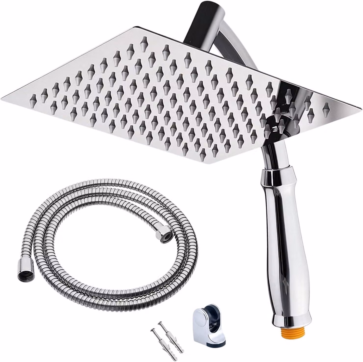Doccia a pavimento, 20 cm, quadrata, con soffione manuale, tubo da 1,5 metri, per bagno