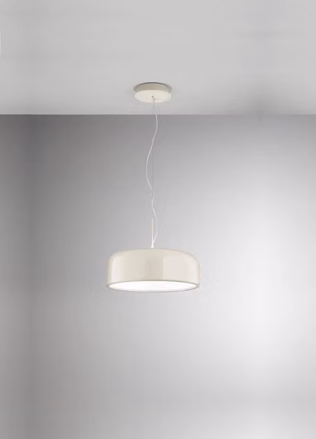 Lampada a Sospensione in Metallo Bianco Panna Lucido con LED Integrato CCT Dimmerabile, Diametro 48,5 cm, Altezza Regolabile fino a 318 cm - Perenz