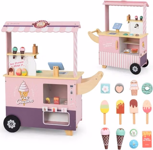 Carrello dei gelati giocattolo educativo interattivo HELLOSHOP26 in legno MDF rosa L 75,5 cm, P 31 cm, H 88 cm