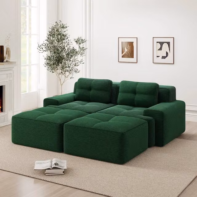 Divano Modulare Cloud con Ottoman ¨C MINIMAL ¨C Velluto a Coste, Verde, 2 Posti