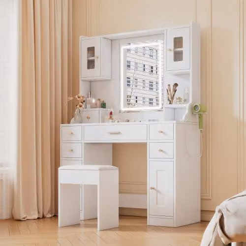 Grande toletta con illuminazione LED regolabile e prese elettriche, per la camera da letto, bianco