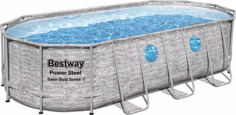 Bestway® Power Steel™ Swim Vista Series™ Set completo di piscina a telaio con pompa filtro 549 x 274 x 122 cm, aspetto muro di pietra (grigio crema), ovale