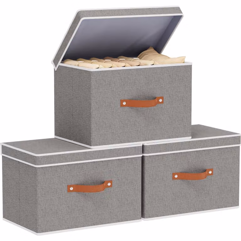 Set di 3 contenitori pieghevoli con coperchio, ideali per organizzare vestiti e accessori per la casa