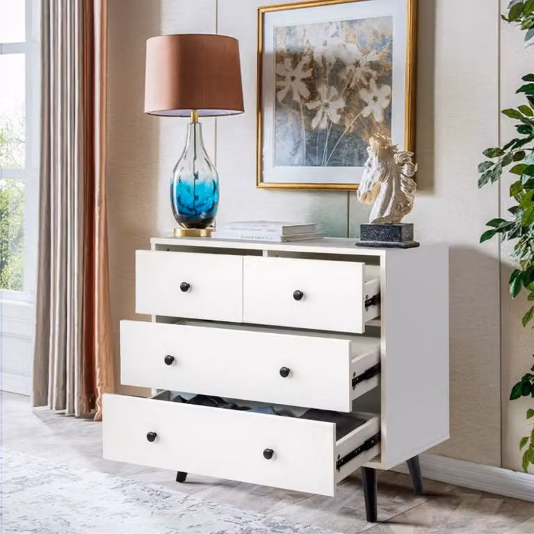 Armadio contenitore moderno con 4 cassetti in legno e metallo, ideale per soggiorno o camera da letto, Bianco opaco