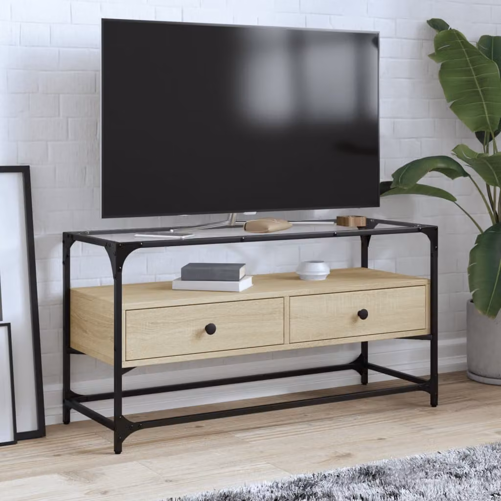 Mobile TV vidaXL in stile industriale con piano in vetro e legno Rovere Sonoma, marrone, L 98 cm x P 35 cm x H 51 cm