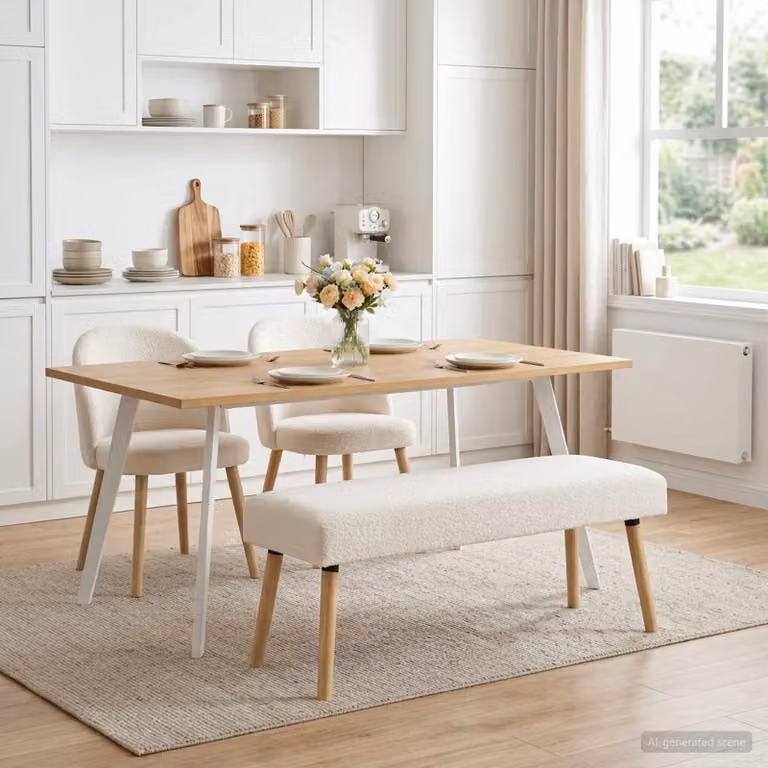 Panchina moderna vidaXL in tessuto bouclé color beige, L 110 x P 40 x H 46 cm