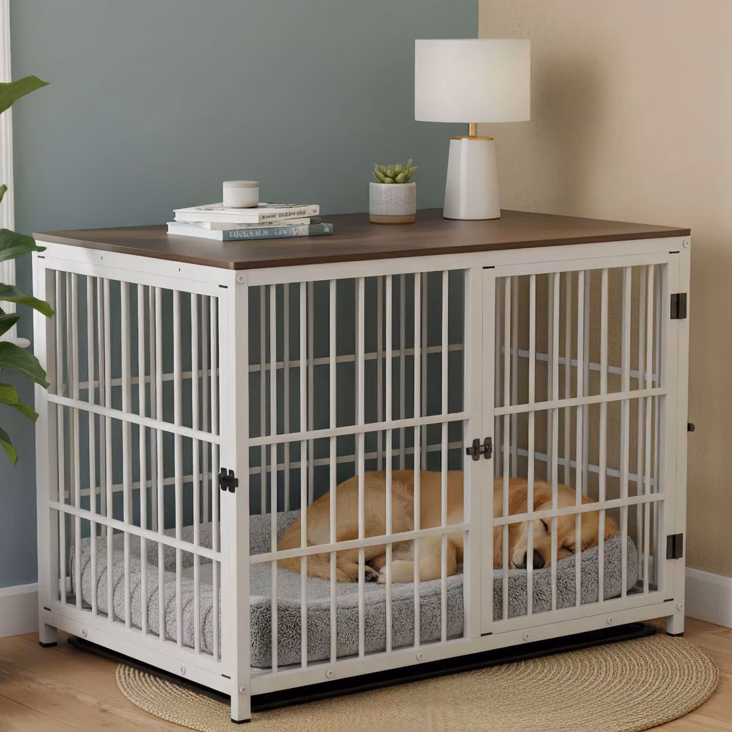 Gabbia per cani in legno, dimensioni 107x71x81 cm, 3 porte, cassetto estraibile, colore bianco