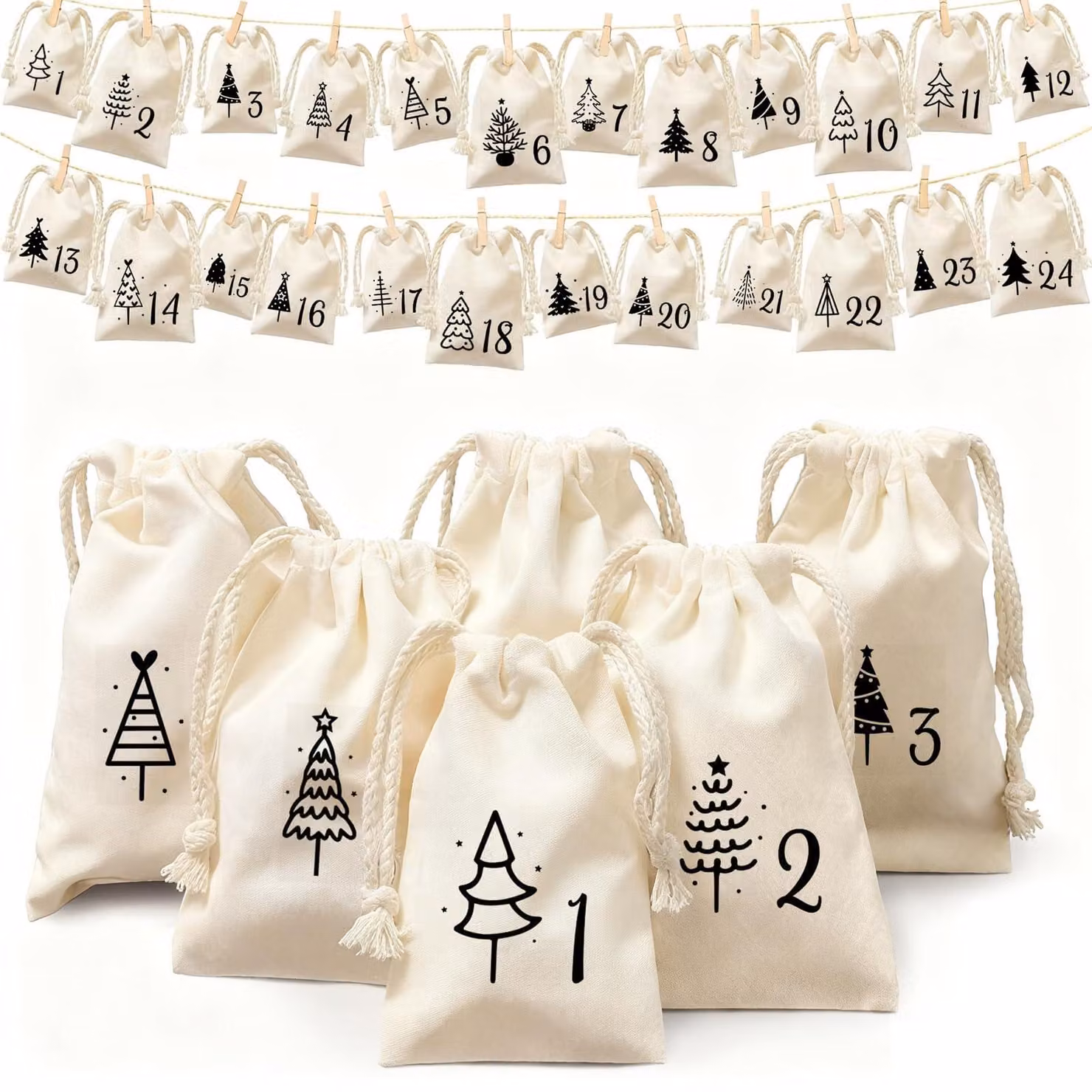 Calendario dell'Avvento in tessuto, composto da 24 sacchetti, dimensioni 10x15 cm, con cordoncino e graffette