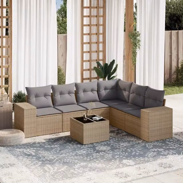 Set Divani da Giardino 7 pz con Cuscini Beige in Polyrattan 3254956
