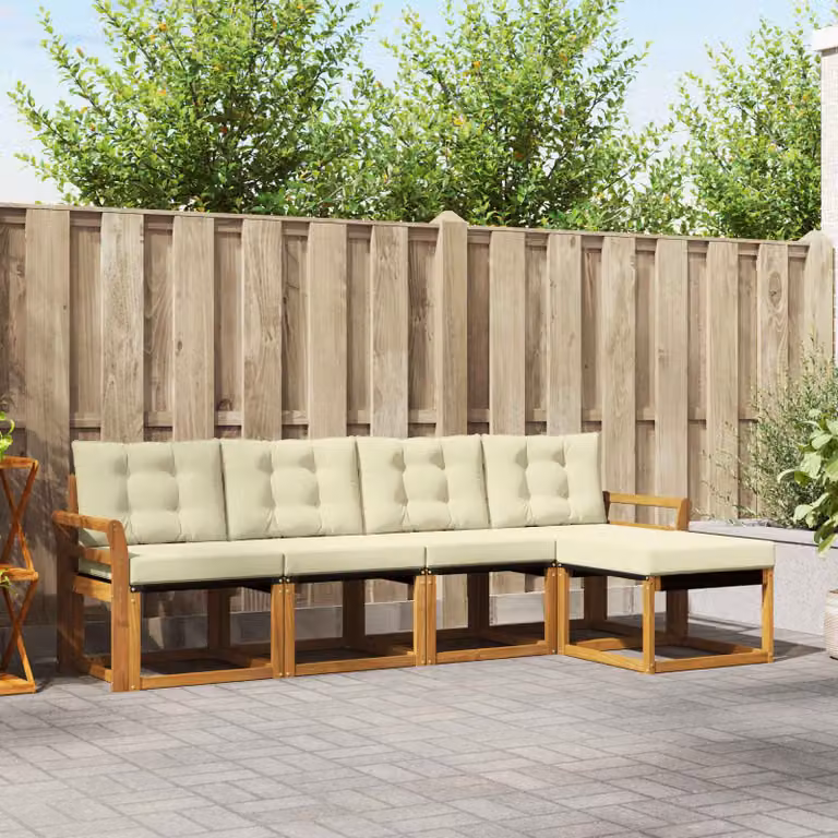 Set di divani da esterno vidaXL a forma di L composto da 5 pezzi in legno di acacia con sedute in textilene e cuscini inclusi, colore beige e bianco