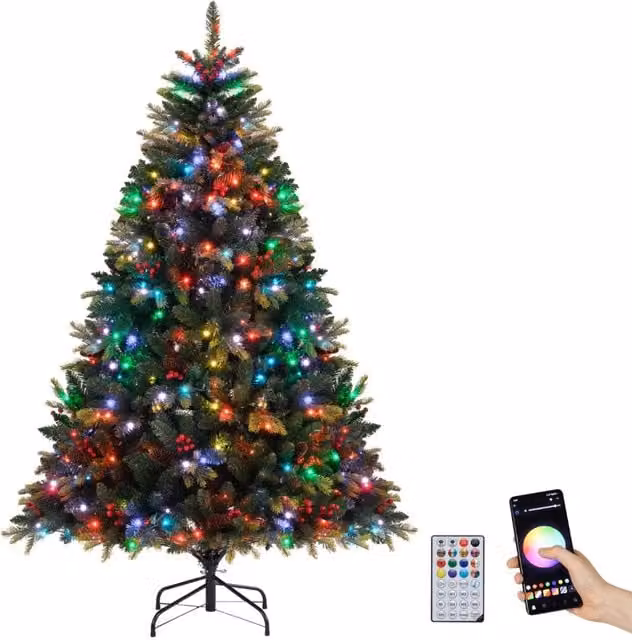 Albero di 180cm natale artificiale con controllo remoto multicolori controllabili tramite app, Albero per casa e ufficio Verde-Alberi di Natale