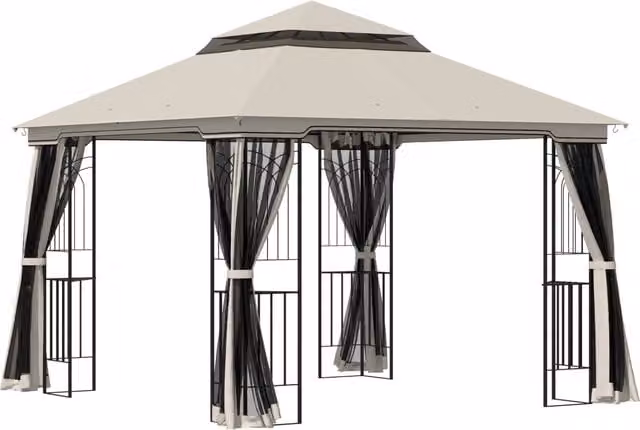 Gazebo da giardino con doppio tetto Tenda da giardino Tenda da giardino Tenda per feste con 4 x pareti laterali in metallo+poliestere beige 2;99 x 2;99 x 2;74 m