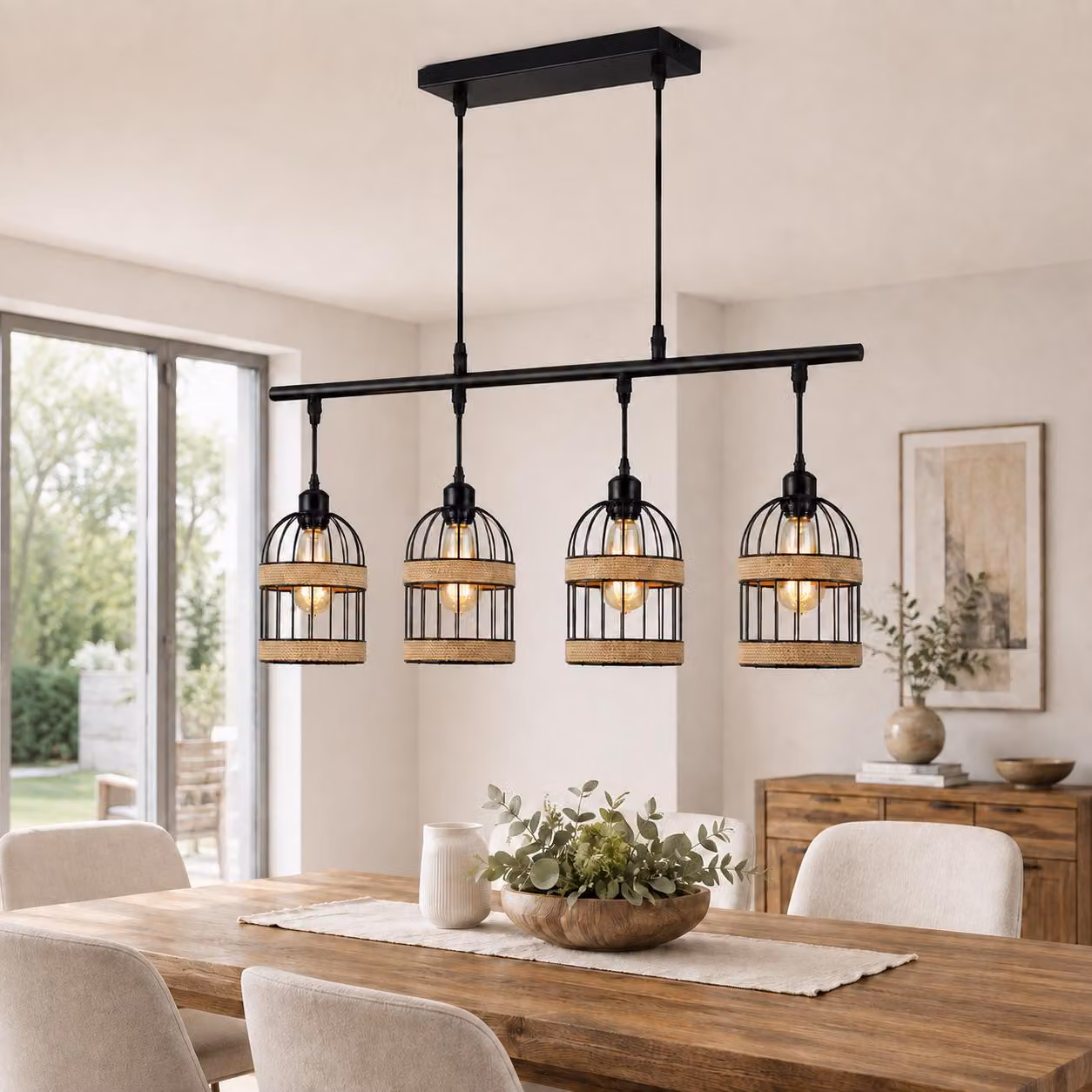 Lampada a sospensione, tavolo da pranzo, 4 luci, rattan. Lampada per tavolo da pranzo, altezza regolabile, con lampadine LED E27. Lampada a sospensione in stile industriale, ideale per cucina, sala da pranzo e bar