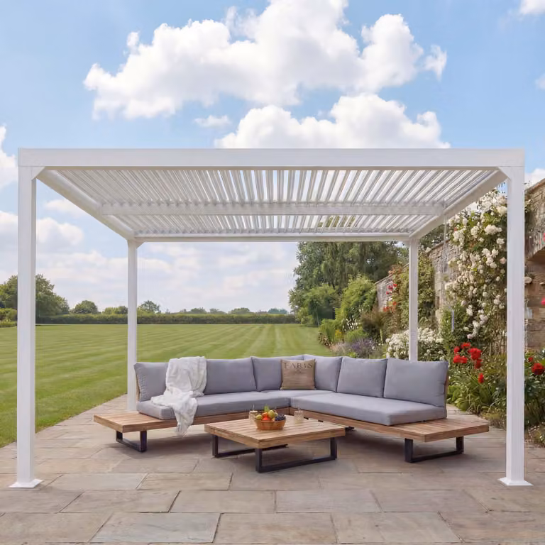 Pergola in alluminio MCW-L41, gazebo a lamelle, copertura per terrazza, robusto telaio in metallo da 8 cm, 3x3,7 m ~ bianco