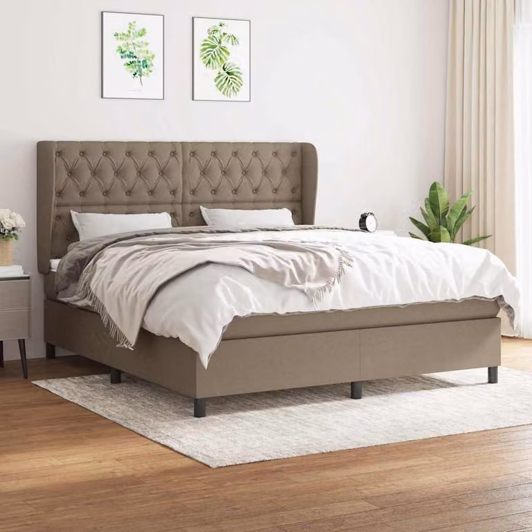 vidaXL Giroletto a Molle con Materasso Ibrido in Tessuto Beige e Bianco L/P/H: 160 x 200 x 128 cm