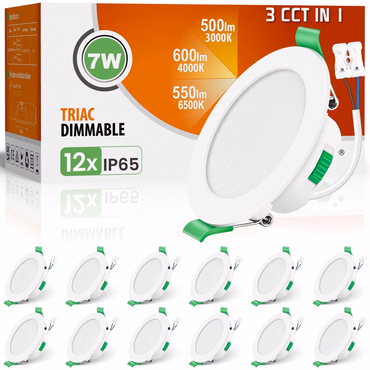 Faretto LED da incasso, dimmerabile, 7W, grado di protezione IP65, confezione da 12, forma rotonda, colore bianco, temperatura di colore regolabile da 3000K a 6500K