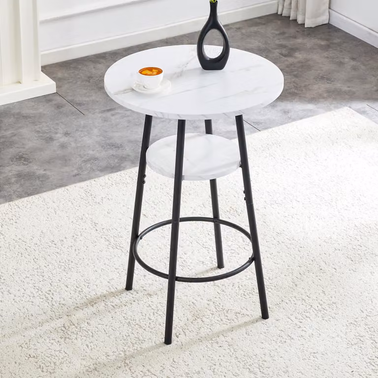 MODFU, tavolino rotondo, tavolo da pranzo con doppio spazio contenitivo, tavolo da cucina con aspetto marmorizzato e struttura in metallo, bianco e nero
