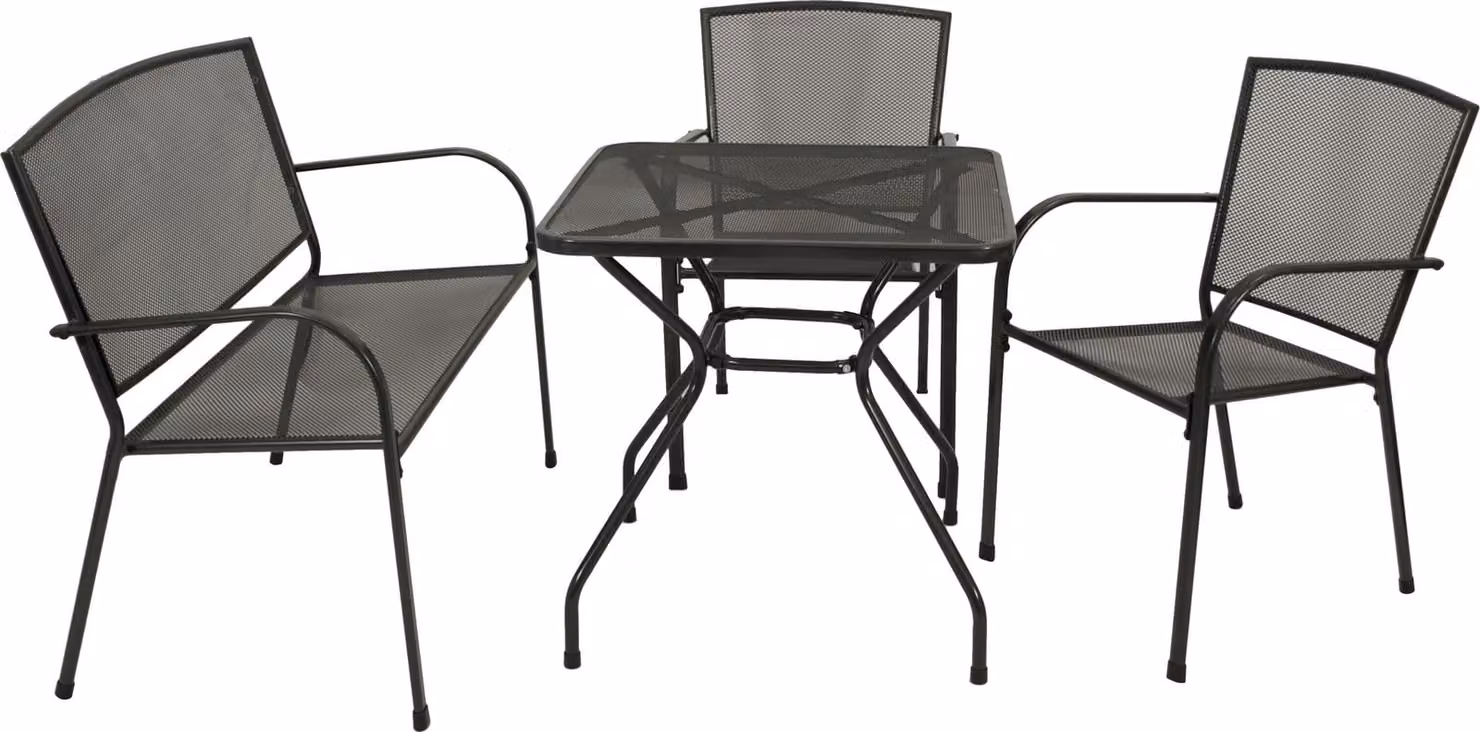 Set da giardino DEGAMO CLASSIC 4 pezzi (2 poltrone impilabili, 1 panca a 2 posti, 1 tavolo 70x70 cm), lamiera stirata antracite