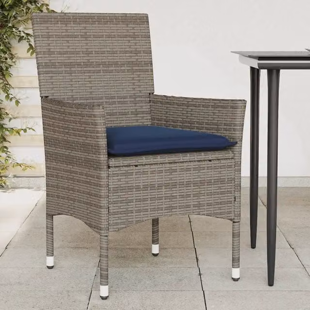 Set di 2 sedie da giardino vidaXL in polyrattan grigie con cuscini blu e braccioli