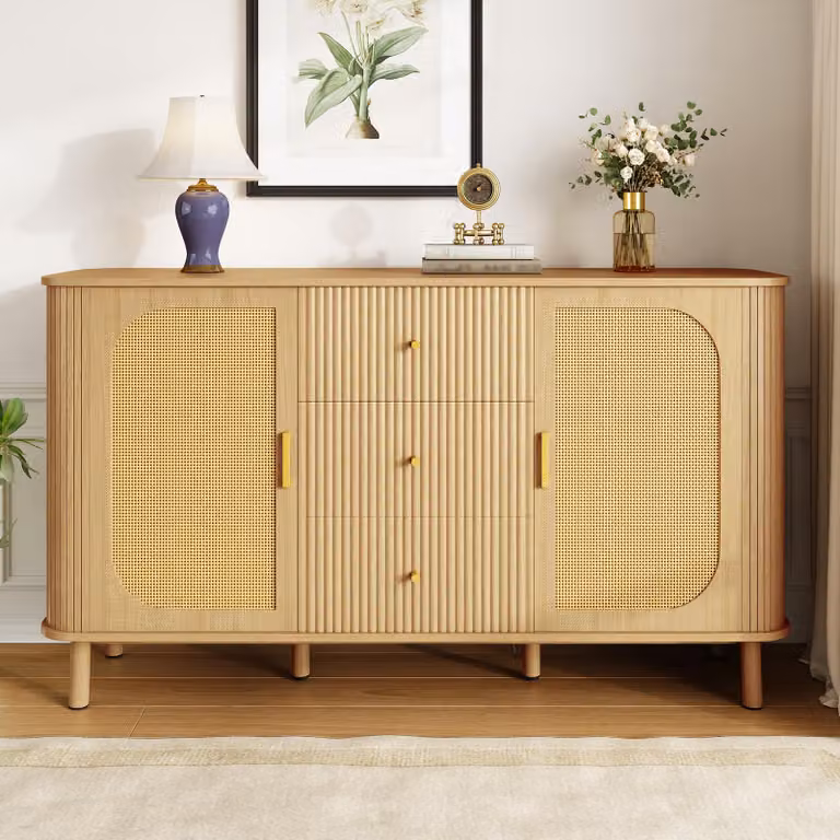 Credenza moderna Merax con cassetti, cassettiera con ante in rattan, gambe in metallo, ante semiellittiche, apertura a cavo, mobili da soggiorno, legno