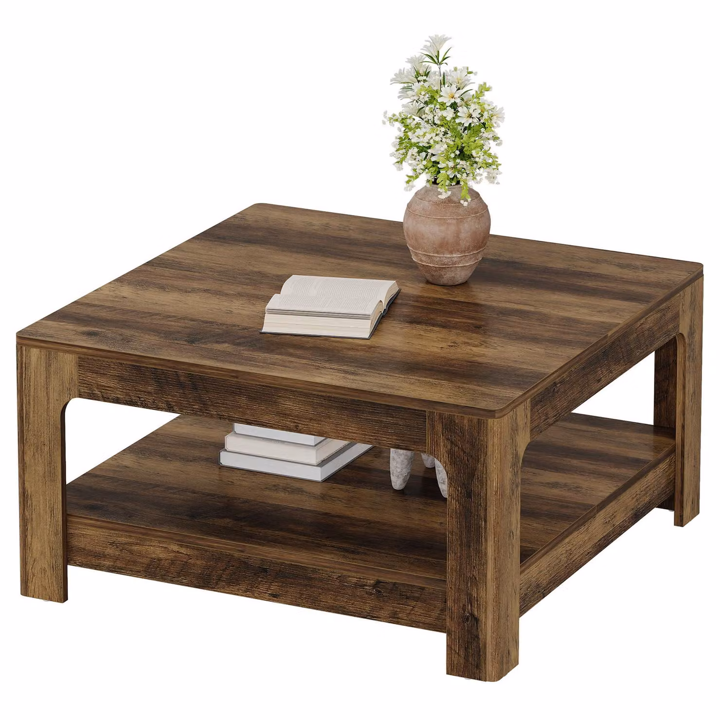 Tavolino quadrato Tribesigns con spazio contenitore, tavolino laterale in legno stile rustico da 100 cm per il soggiorno, colore marrone rustico